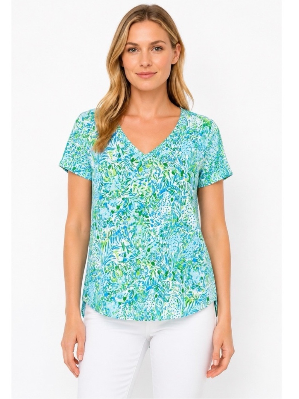 Lilly Pulitzer Aqua & Green V-Neck Printed Top dandy lions medium
